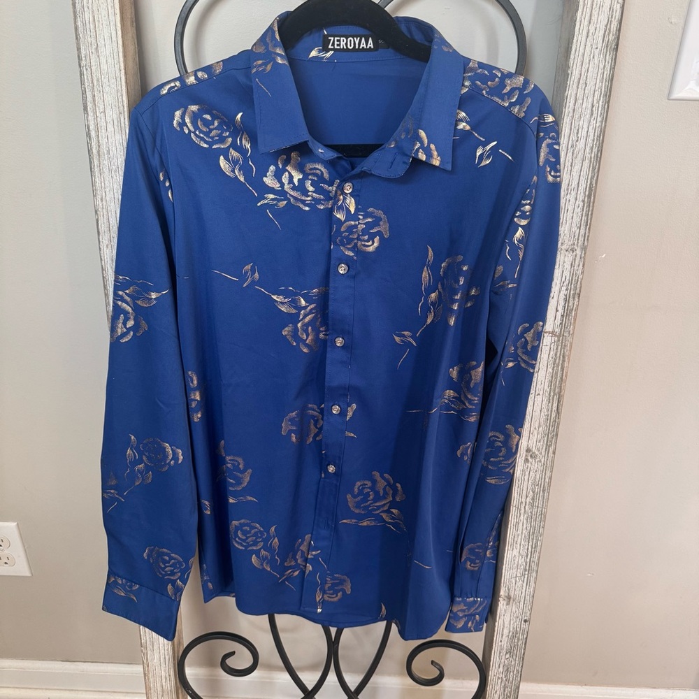 Zeroyaa Blue Gold Floral Print Long Sleeve Button Up Shirt Men’s Small‎